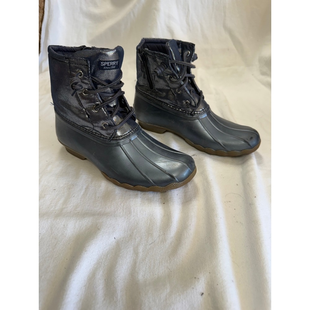 Sperry Saltwater Metallic Navy Blue Duck Boots Women 5M STK163856 Waterproof